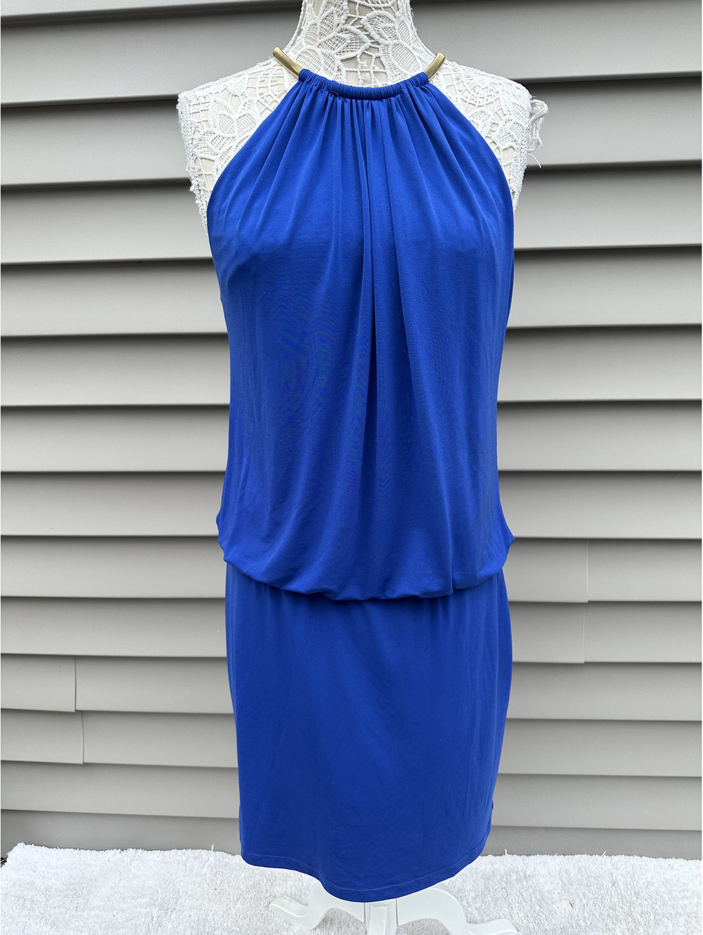 Jessica Simpson Royal Blue Halter Dress with Gold Neck Detail